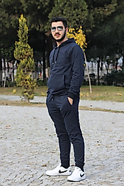 2 ip Kapüşonlu Kanguru Cepli Pamuklu Düz Erkek Eşofman Takımı/Lacivert