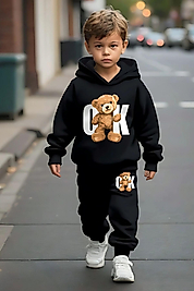 Ayıcık Baskılı Kapşonlu Çocuk Eşofman Takımı/siyah