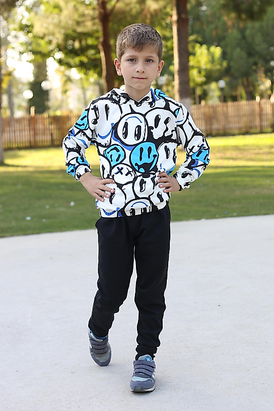 Emoji Desenli Kapüşonlu Unısex Çocuk Eşofman Takımı