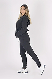 Kapüşonlu Kanguru Cepli Pamuklu Düz Kadın Eşofman Takımı/Antrasit