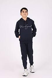 Kapüşonlu Kanguru Cepli Han Elegant Marka Baskılı Eşofman Takımı/Lacivert
