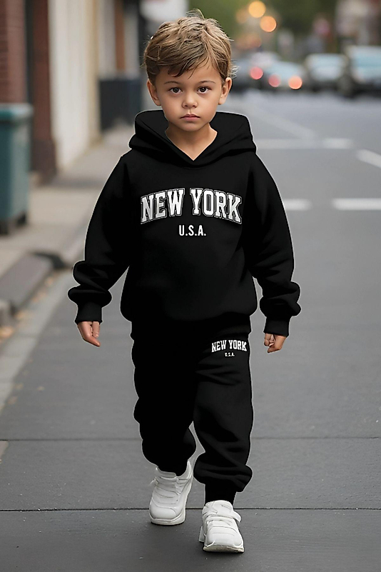 NEW YORK USA Baskılı Kapşonlu Çocuk Eşofman Takımı/siyah