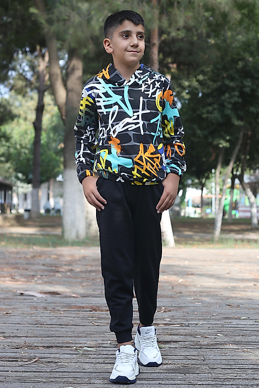 Full Desenli Kapüşonlu Unısex Çocuk Eşofman Takımı