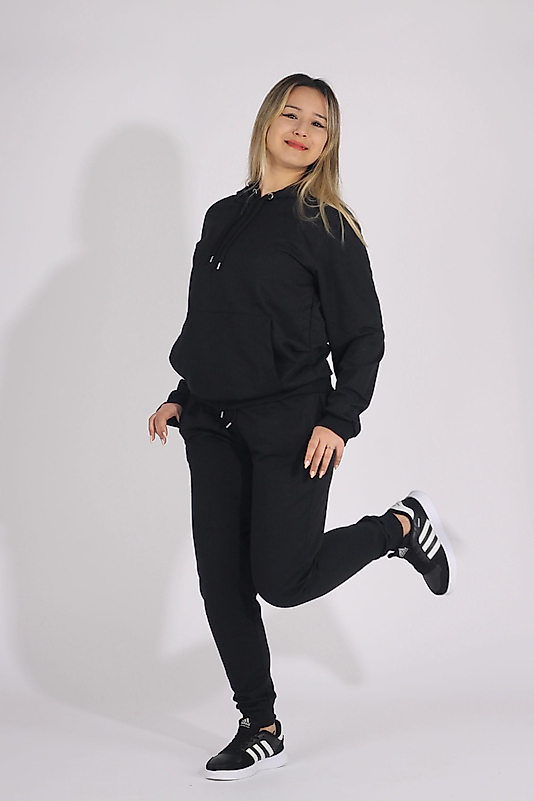 Kapüşonlu Kanguru Cepli Pamuklu Düz Kadın Eşofman Takımı/Siyah