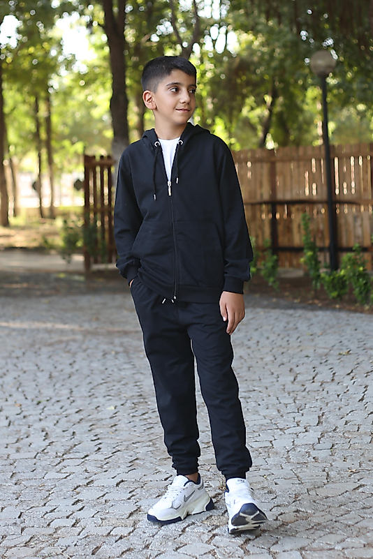 Kapüşonlu Fermuarlı Kanguru Cepli Unisex Eşofman Takımı/Siyah