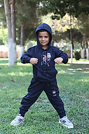 Kapüşonlu Kanguru Cepli Örümcek Adam Baskılı Eşofman Takımı/Lacivert