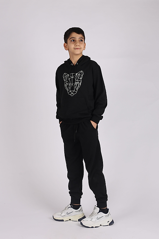 Kapüşonlu Kanguru Cepli Aslan Baskılı Eşofman Takımı/Siyah