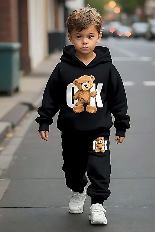 Ayıcık Baskılı Kapşonlu Çocuk Eşofman Takımı/siyah