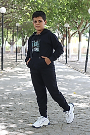 Kapüşonlu Kanguru Cepli Future Baskılı Eşofman Takımı/Siyah