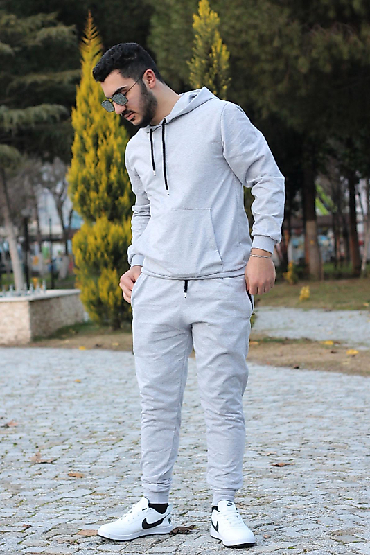 2 ip Kapüşonlu Kanguru Cepli Pamuklu Düz Erkek Eşofman Takımı/Gri