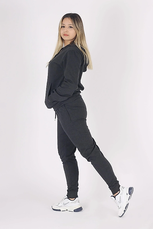 Kapüşonlu Kanguru Cepli Pamuklu Düz Kadın Eşofman Takımı/Antrasit