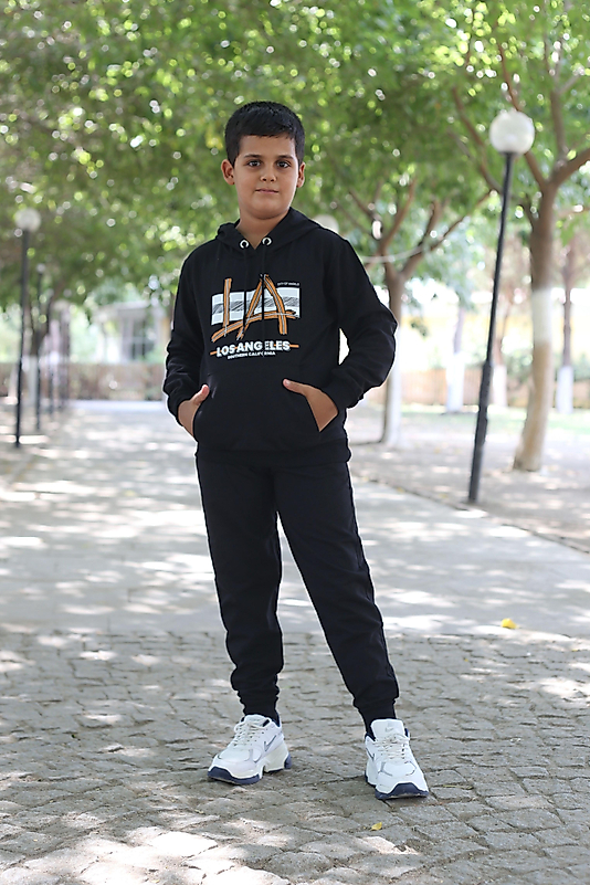 Kapüşonlu Kanguru Cepli Los Angeles Baskılı Eşofman Takımı/Siyah