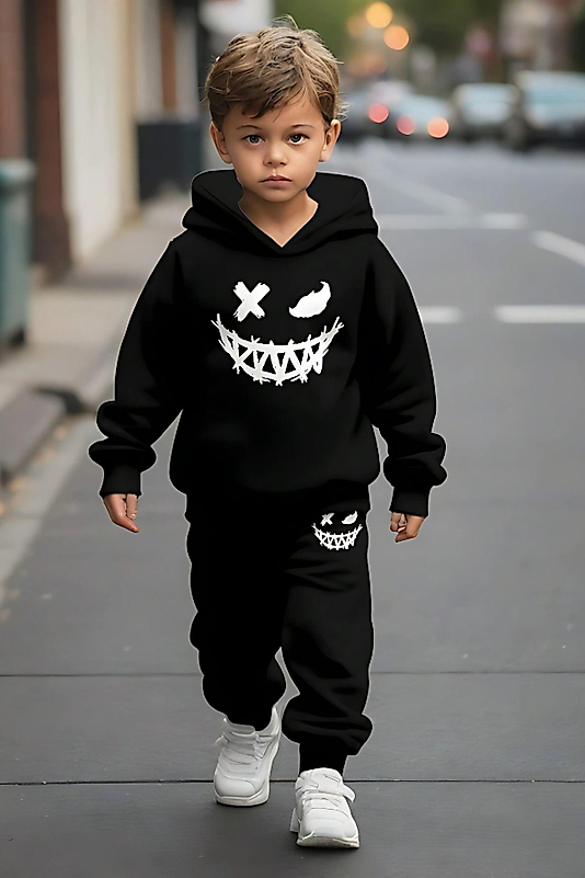 Akıcı Gülen Yüz Baskılı Kapşonlu Çocuk Eşofman Takımı/siyah