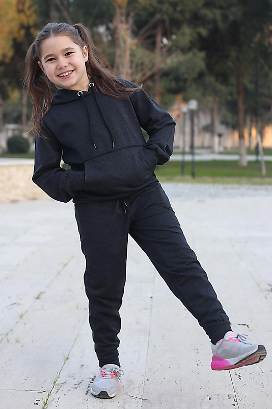 Kapüşonlu Kanguru Cepli Kız Çocuk Düz Eşofman Takımı/Antrasit