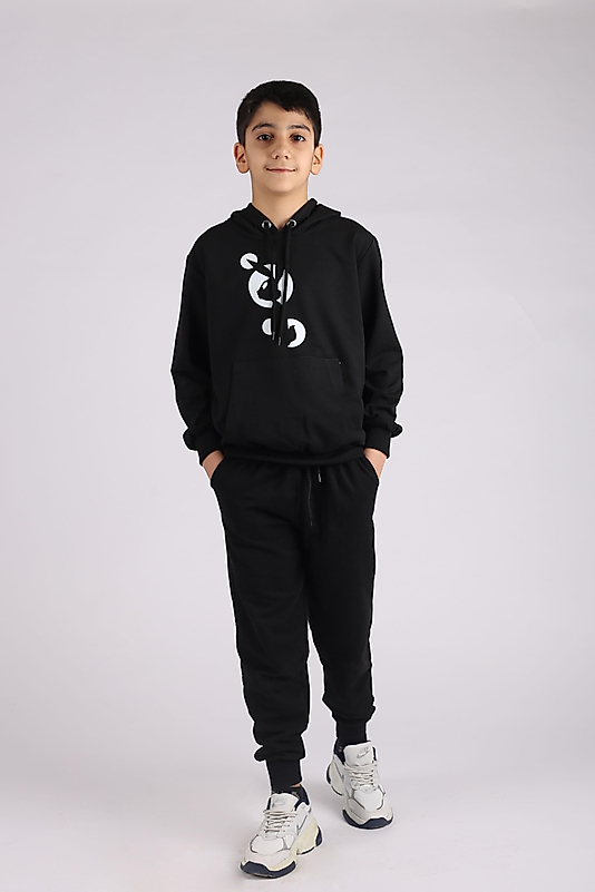 Kapüşonlu Kanguru Cepli Tavşan Baskılı Eşofman Takımı/Siyah