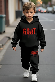 Goat Yazı Baskılı Kapşonlu Çocuk Eşofman Takımı/siyah