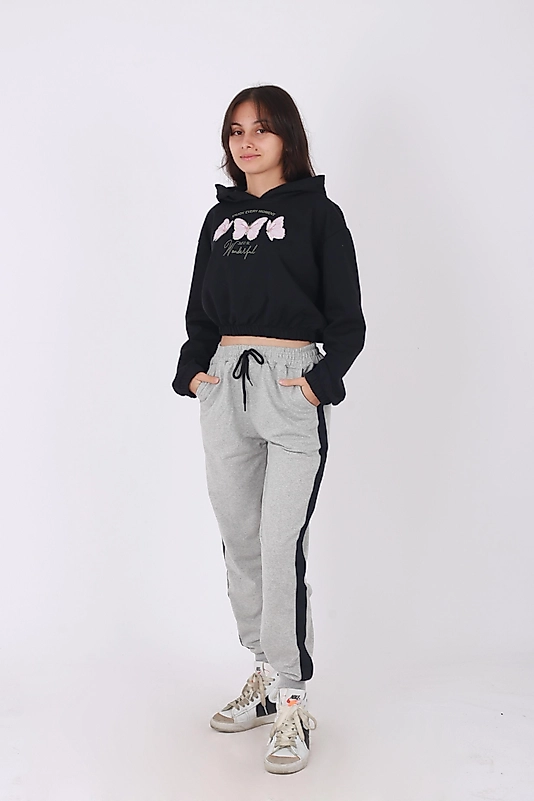 Rahat Ve Şık 2'li Baskılı Uzun Kollu Kapüşonlu Sweat Crop ve Yandan Şeritli Eşofman Altı