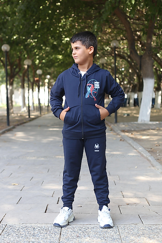 Kapüşonlu Fermuarlı Kanguru Cepli Örümcek Adam Baskılı Eşofman Takımı/Lacivert