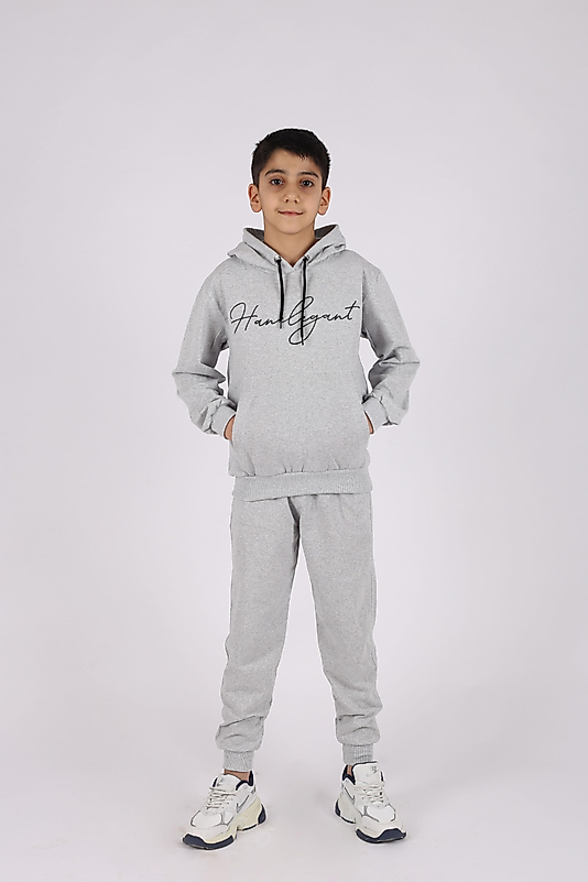 Kapüşonlu Kanguru Cepli Han Elegant Marka Baskılı Eşofman Takımı/gri