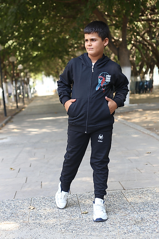 Kapüşonlu Fermuarlı Kanguru Cepli Örümcek Adam Baskılı Eşofman Takımı/Siyah