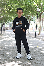 Kapüşonlu Kanguru Cepli Los Angeles Baskılı Eşofman Takımı/Siyah