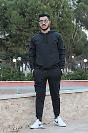 2 ip Kapüşonlu Kanguru Cepli Pamuklu Düz Erkek Eşofman Takımı/Antrasit