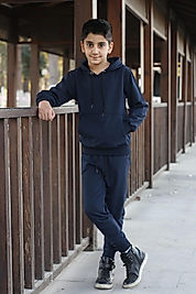 Kapüşonlu Erkek Çocuk Düz Renk Eşofman Takımı/Lacivert