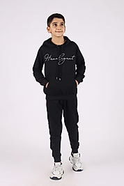 Kapüşonlu Kanguru Cepli Han Elegant Marka Baskılı Eşofman Takımı/Siyah