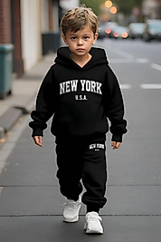 NEW YORK USA Baskılı Kapşonlu Çocuk Eşofman Takımı/siyah