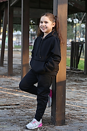 Kapüşonlu Kanguru Cepli Kız Çocuk Düz Eşofman Takımı/Siyah