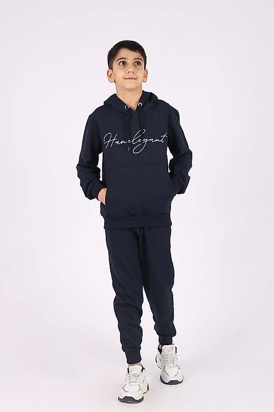 Kapüşonlu Kanguru Cepli Han Elegant Marka Baskılı Eşofman Takımı/Lacivert
