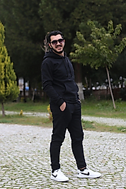 2 ip Şardonlu Kapüşonlu Kanguru Cepli Pamuklu Düz Erkek Eşofman Takımı/Siyah