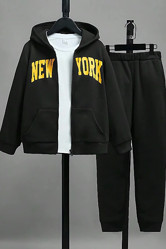 New York Baskılı Kapşonlu Fermuarlı Çocuk Eşofman Takımı/siyah
