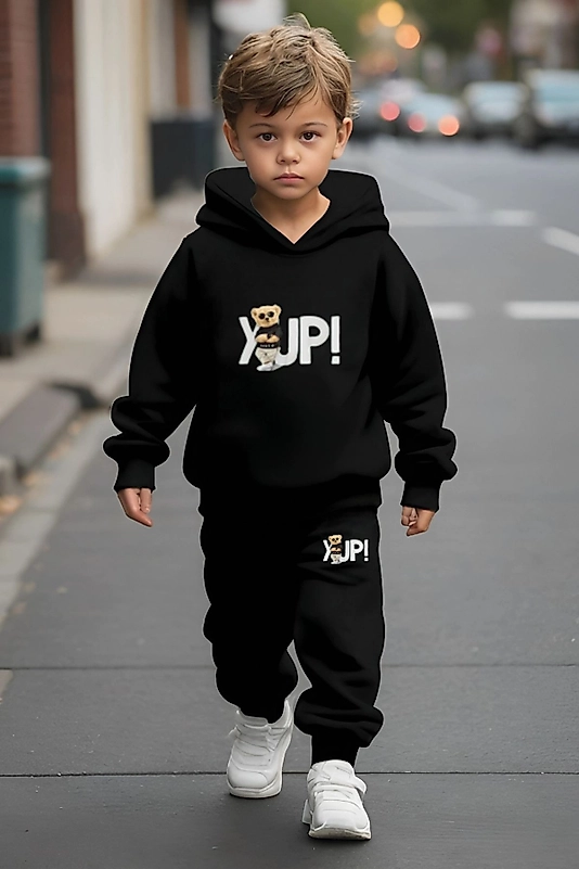 Yup! Ayıcık Baskılı Kapşonlu Çocuk Eşofman Takımı/siyah