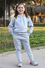 Kapüşonlu Kanguru Cepli Kız Çocuk Düz Eşofman Takımı/Gri