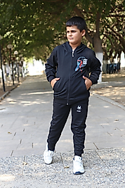 Kapüşonlu Fermuarlı Kanguru Cepli Örümcek Adam Baskılı Eşofman Takımı/Siyah