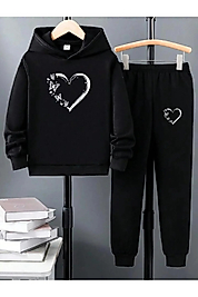 Kapüşonlu Kanguru Cepli Kız Çocuk Kalp Baskılı Eşofman Takımı/Siyah
