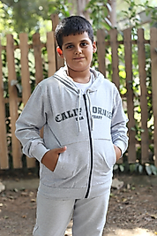 Kapüşonlu Fermuarlı Kanguru Cepli California Baskılı Eşofman Takımı/Gri