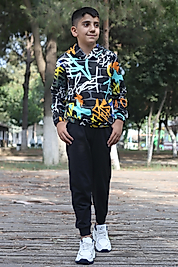 Full Desenli Kapüşonlu Unısex Çocuk Eşofman Takımı