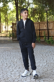 Kapüşonlu Fermuarlı Kanguru Cepli Unisex Eşofman Takımı/Siyah