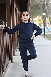 Kapüşonlu Kanguru Cepli Kız Çocuk Düz Eşofman Takımı/Lacivert