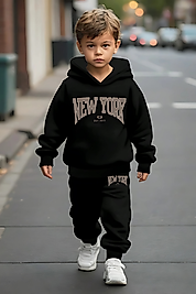 NEW YORK USA Baskılı Kapşonlu Çocuk Eşofman Takımı/siyah