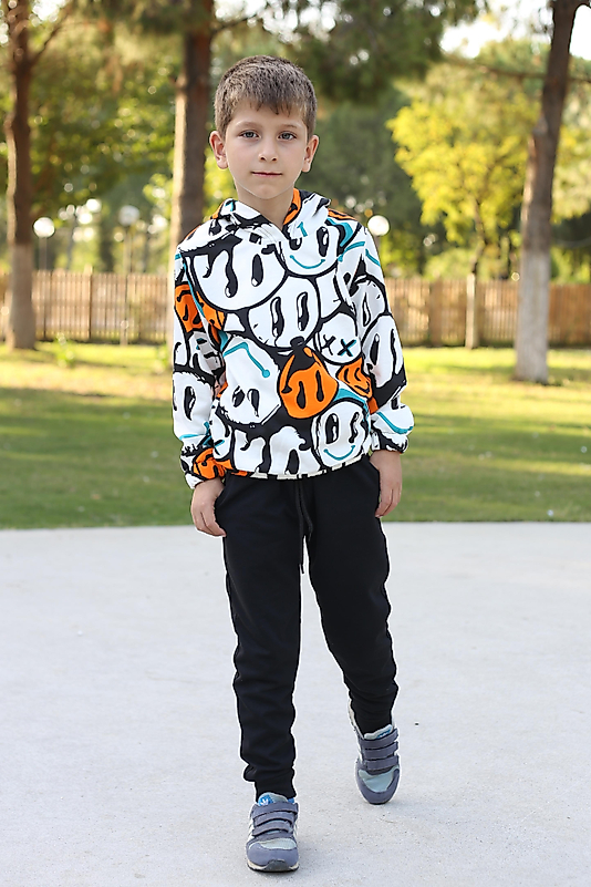 Emoji Desenli Kapüşonlu Unısex Çocuk Eşofman Takımı