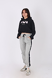 Rahat Ve Şık 2'li Baskılı Uzun Kollu Kapüşonlu Sweat Crop ve Yandan Şeritli Eşofman Altı