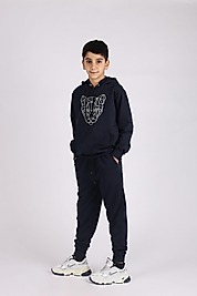 Kapüşonlu Kanguru Cepli Aslan Baskılı Eşofman Takımı/Lacivert