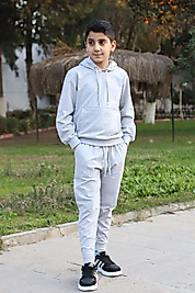 Kapüşonlu Erkek Çocuk Düz Renk Eşofman Takımı/Gri