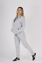Kapüşonlu Kanguru Cepli Pamuklu Düz Kadın Eşofman Takımı/Gri