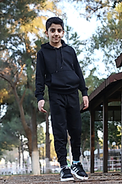 Kapüşonlu Erkek Çocuk Düz Renk Eşofman Takımı/Siyah