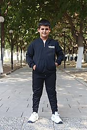 Kapüşonlu Fermuarlı Kanguru Cepli Break Baskılı Eşofman Takımı/Siyah