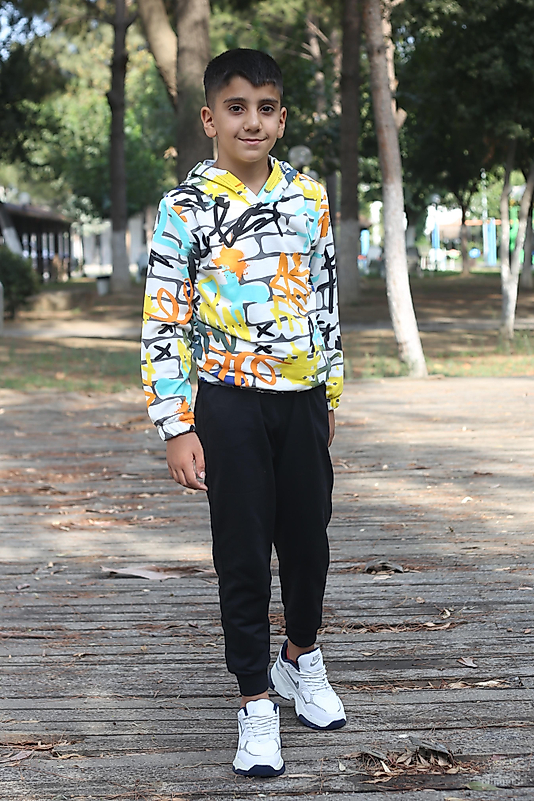 Full Desenli Kapüşonlu Unısex Çocuk Eşofman Takımı